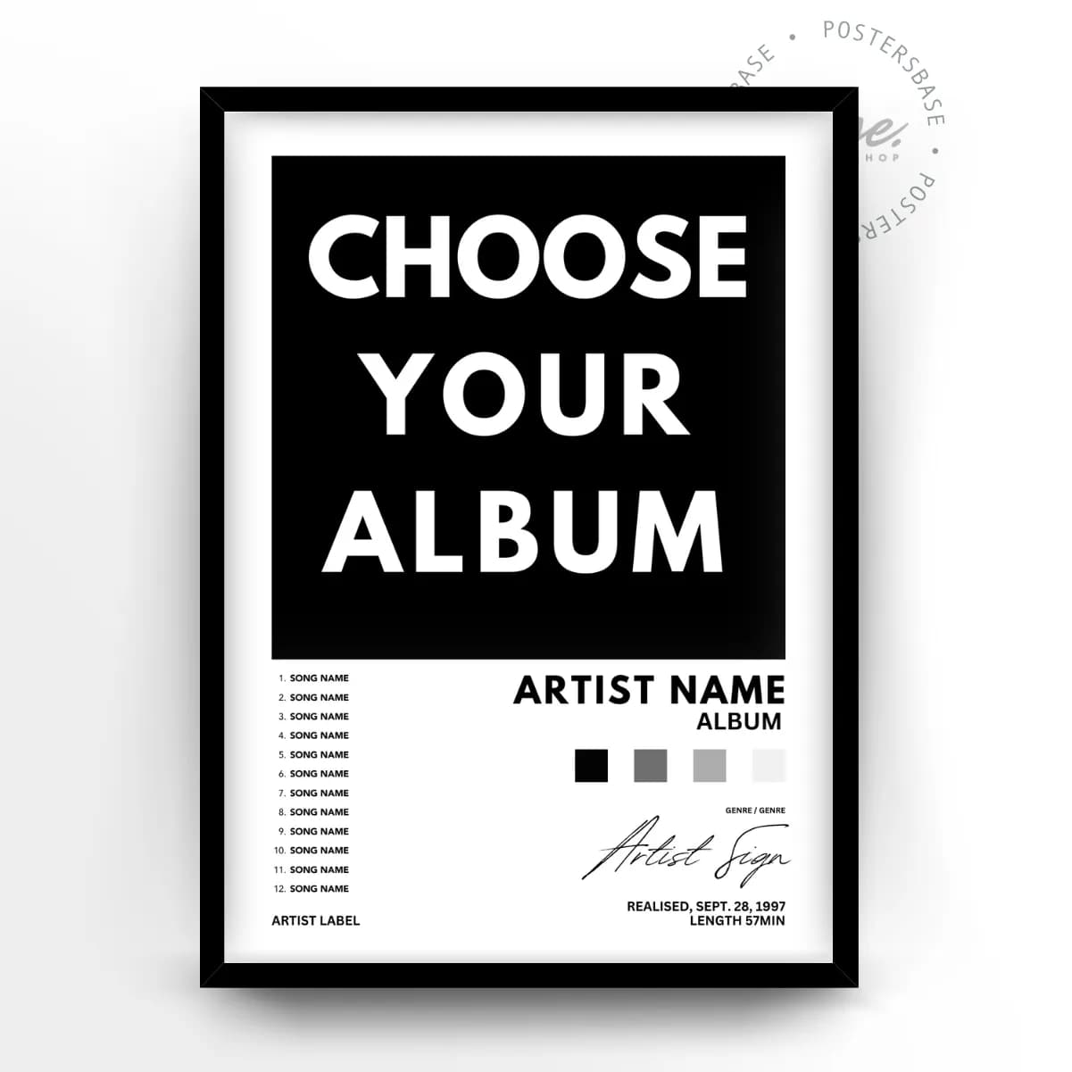 Custom album cover poster template in a black frame — artist name, tracklist, colour palette and release date
