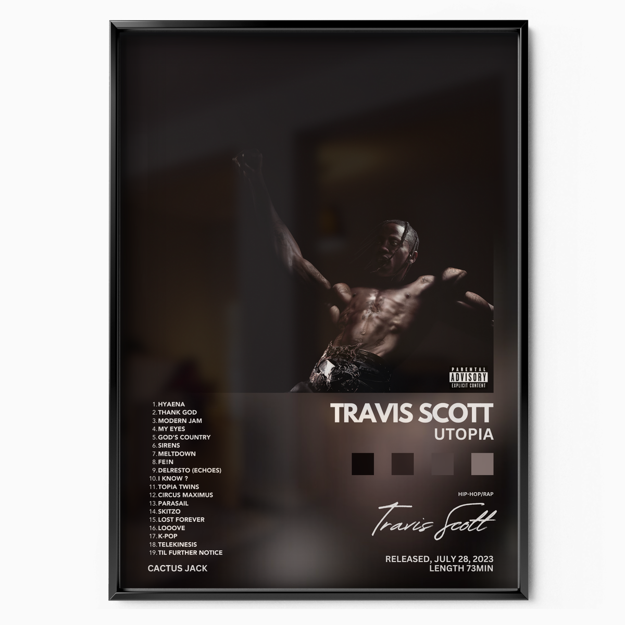 Album cover poster displayed in a slim black frame on a wall