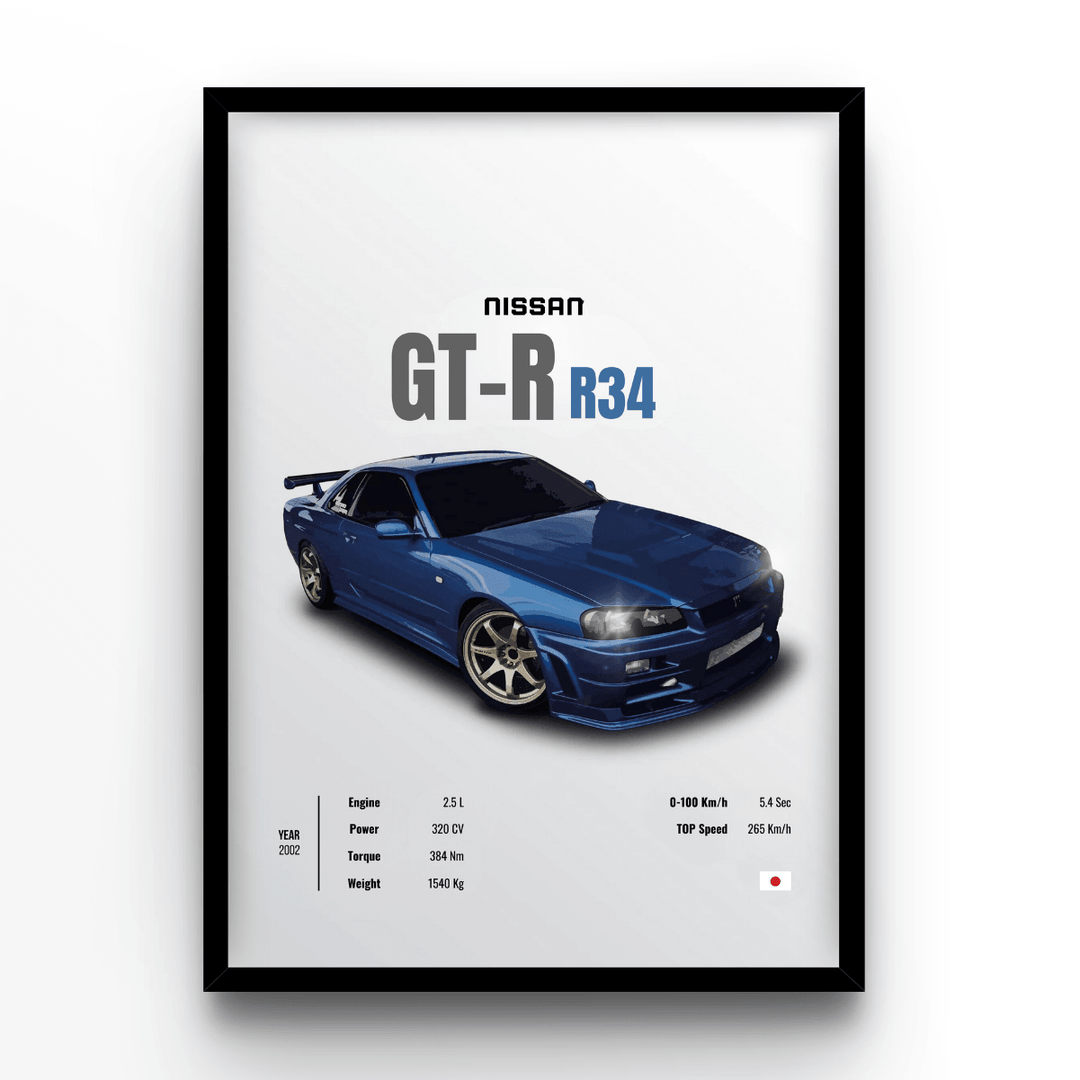 R34ページ Nissan Skyline R34 Blueprint Poster, Godzilla JDM Wall Art
